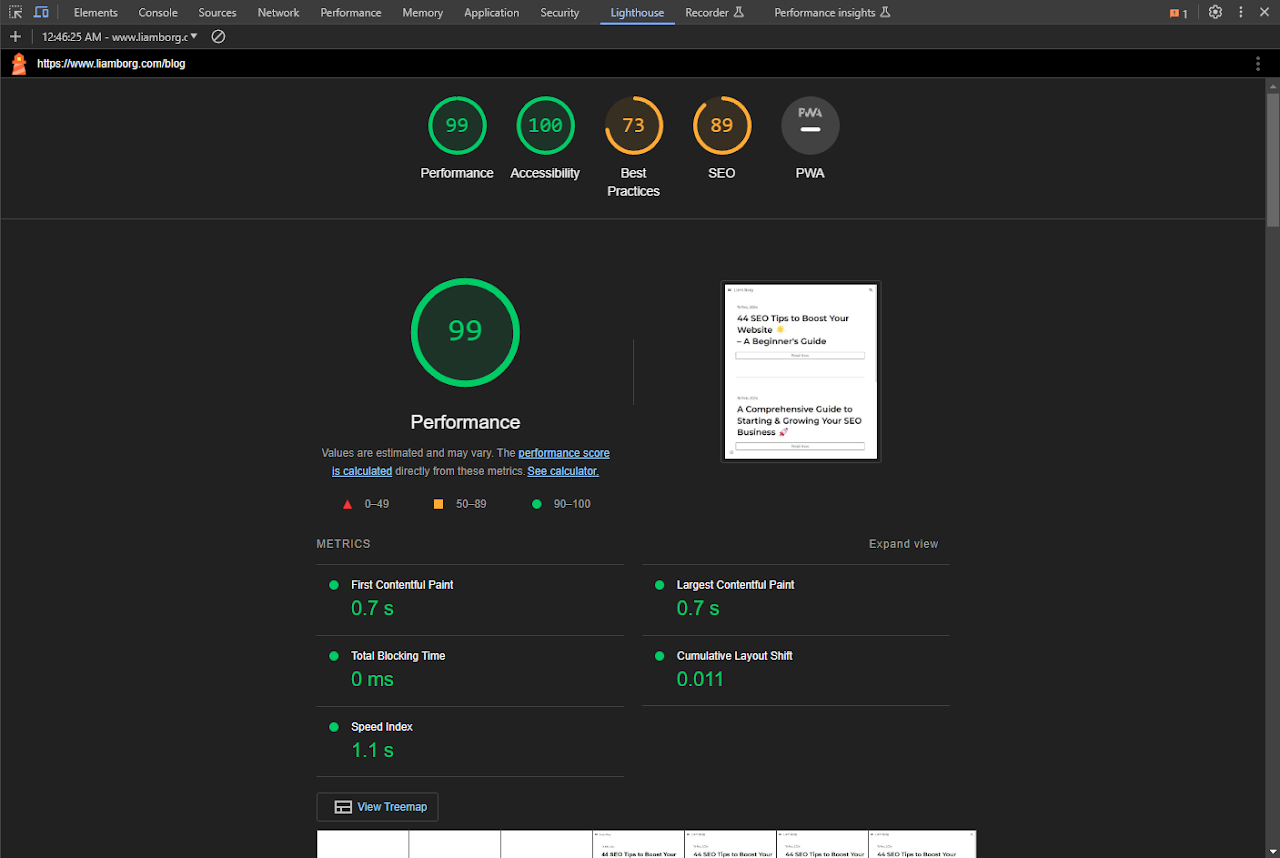 a finished Lighthouse SEO Audit showing different scores for Performance, Accessibility, Best Practices, and SEO