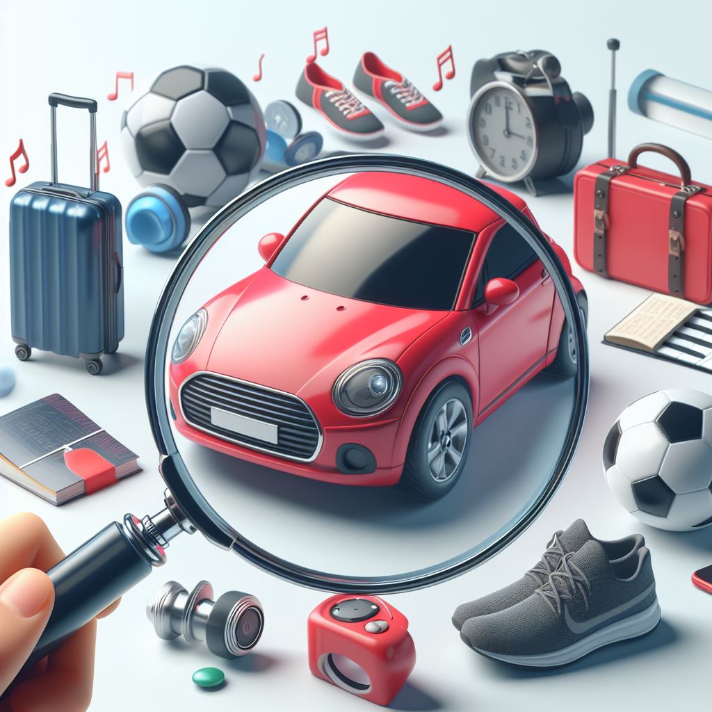 A magnifying glass focusing on a red car. In the background, a variety of other items such as soccer balls, trainers, music items, and a suitcase.